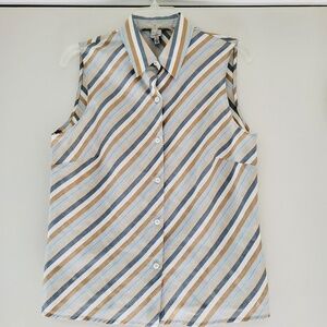 Vintage Anne Klein 2 Linen-Blend Sleeveless Button Up Diagonal Striped Blouse